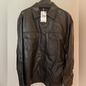 🆕 Mango Leather Effect Shirt Jacket in Black. Major Discount!